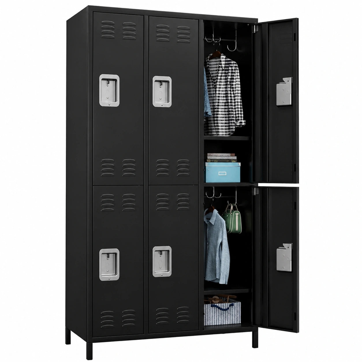 Armoire, avec rangement, avec prise intégrée, en métal, coloris noir, pour la chambre
