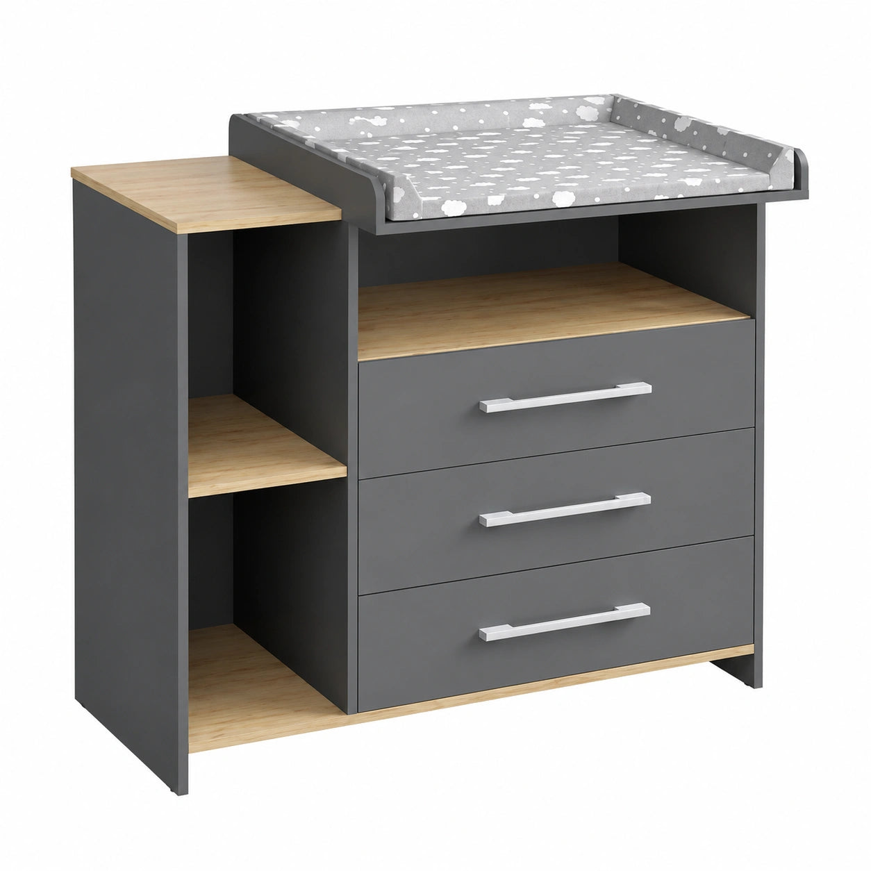 Commode, en chêne, convertible, avec tiroirs, coloris anthracite et doré, 113 x 93 cm, pour la chambre ou le salon